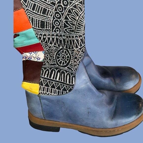 Socofy Bohemian Splicing Pattern Blue Leather Side Zip Back Lace Boot Size 7 7.5 - Picture 3 of 12